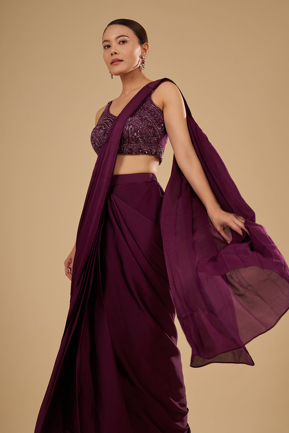 Wine Drape Georgette Saree With Thread Embroidered Blouse