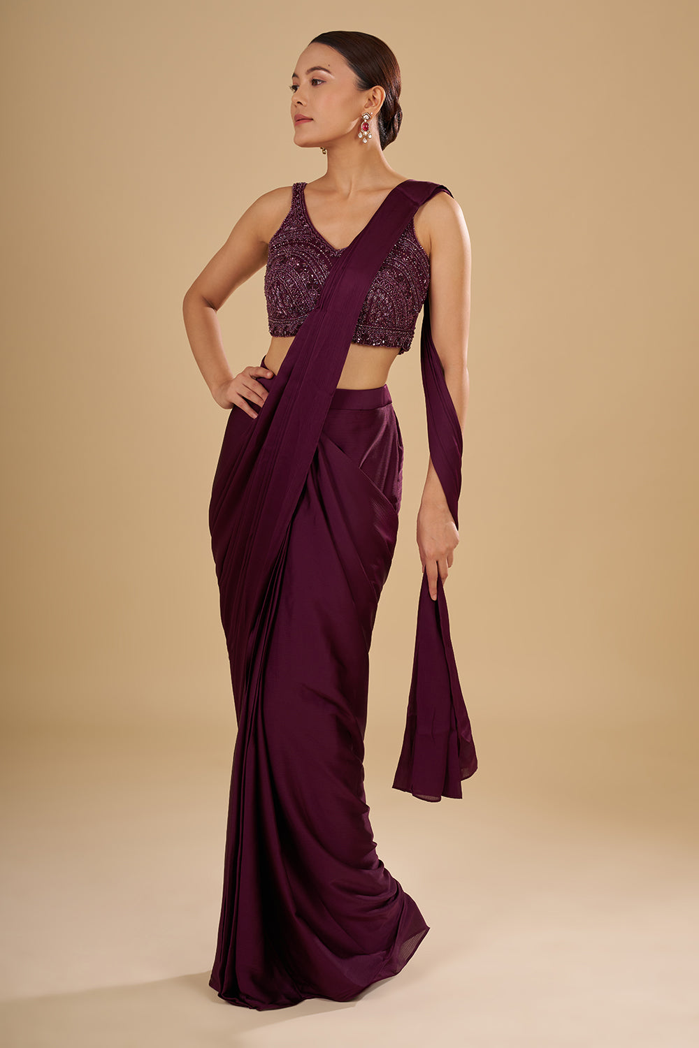 Wine Drape Georgette Saree With Thread Embroidered Blouse