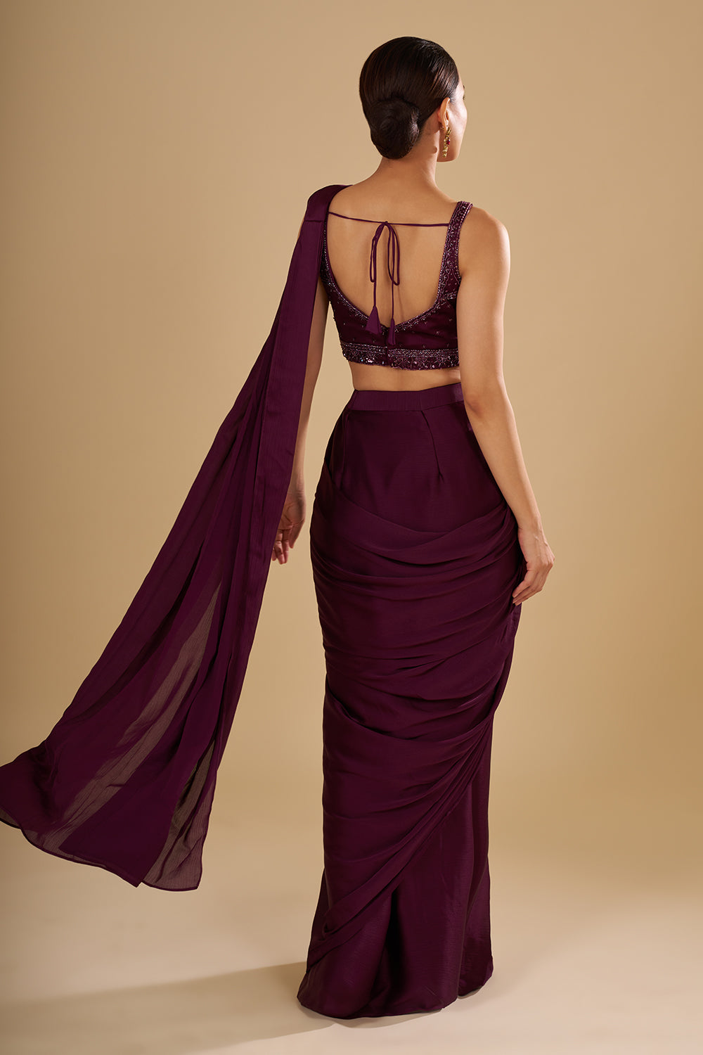 Wine Drape Georgette Saree With Thread Embroidered Blouse