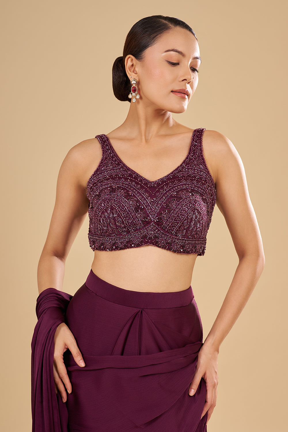 Wine Drape Georgette Saree With Thread Embroidered Blouse