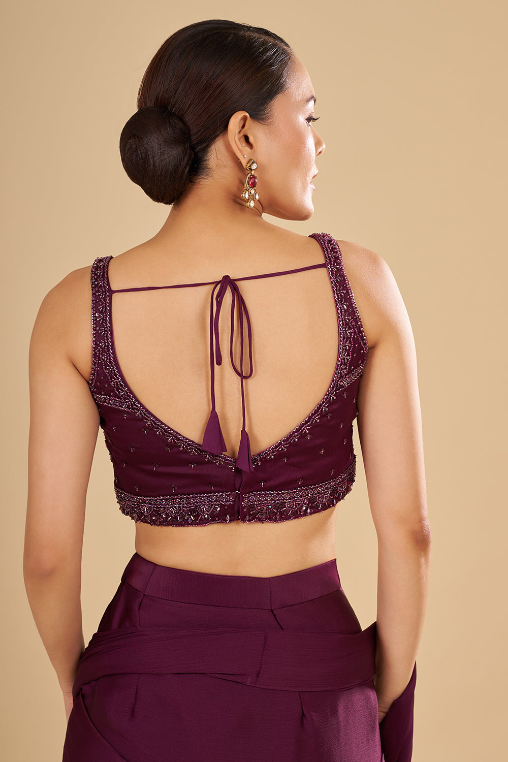 Wine Drape Georgette Saree With Thread Embroidered Blouse
