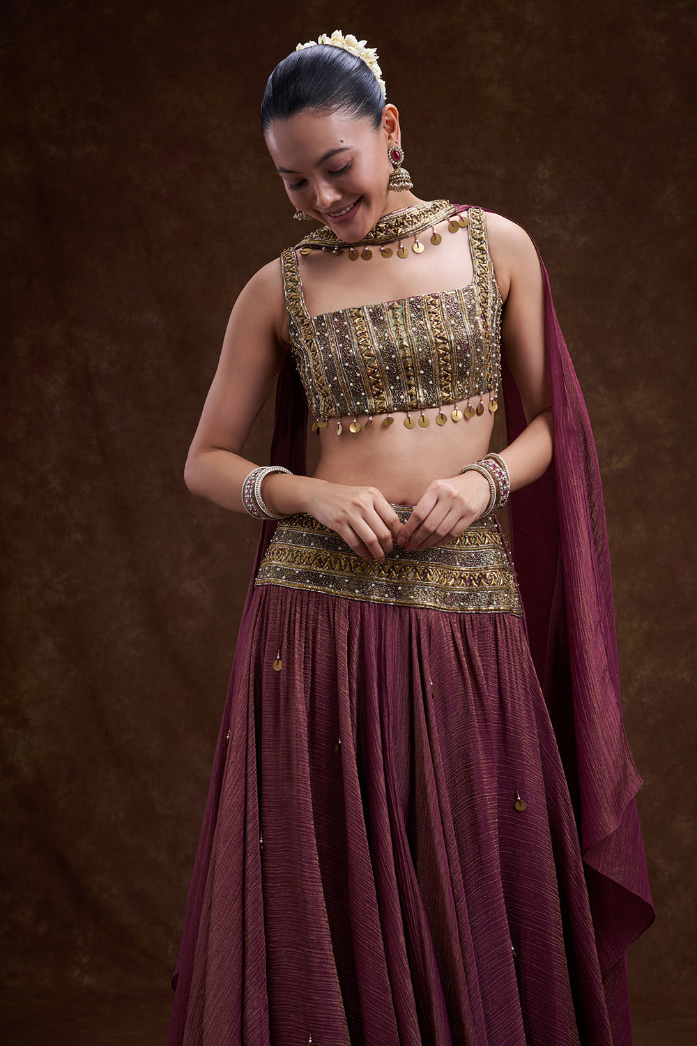 Wine Embellished Lehenga Set