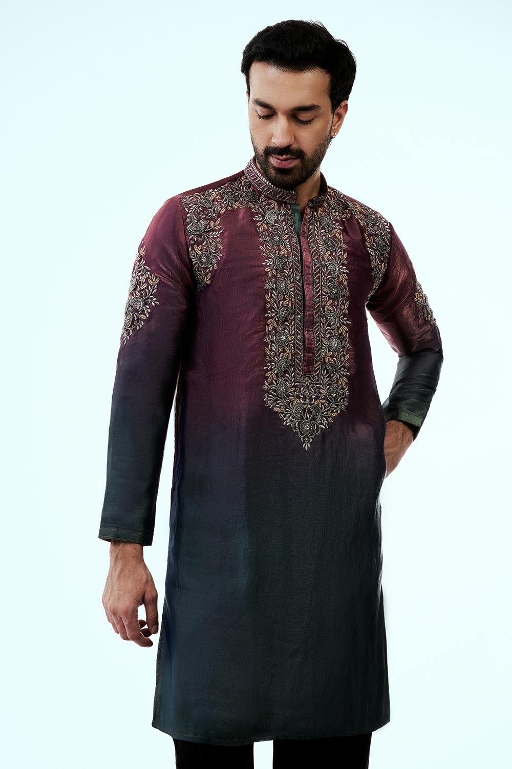 Wine Ombre Tissue Organza Mens Kurta Set with Metal and Resham Work