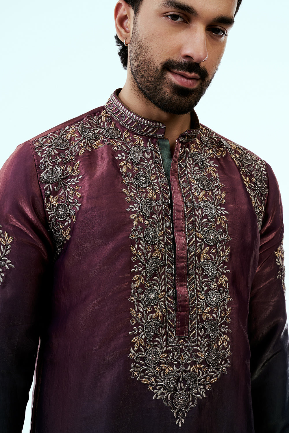 Wine Ombre Tissue Organza Mens Kurta Set with Metal and Resham Work
