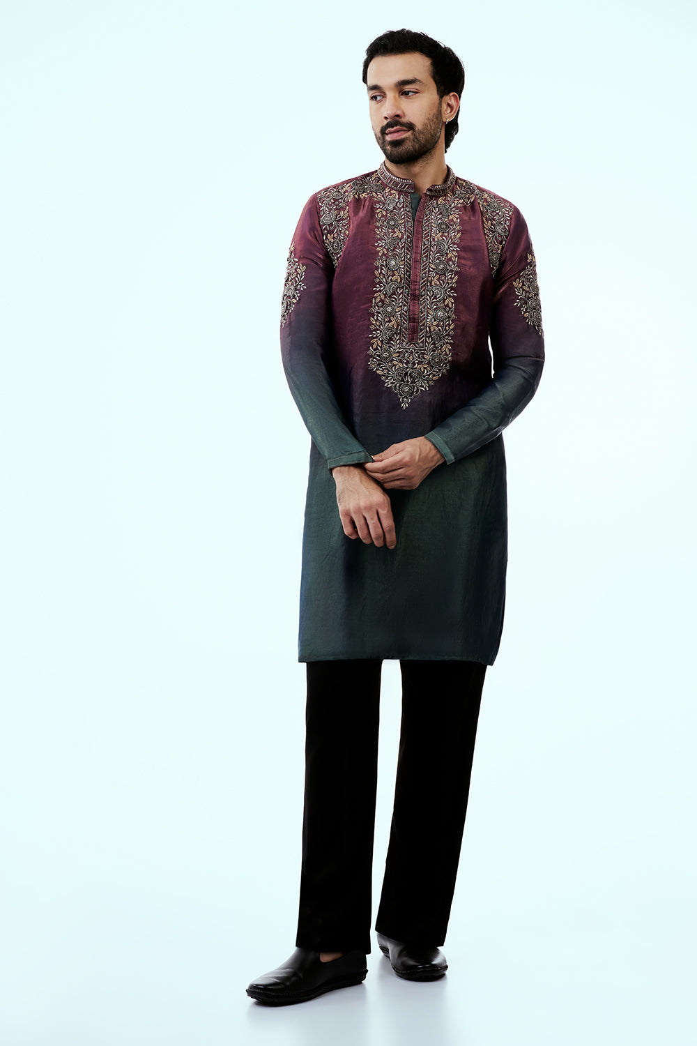 Wine Ombre Tissue Organza Mens Kurta Set with Metal and Resham Work