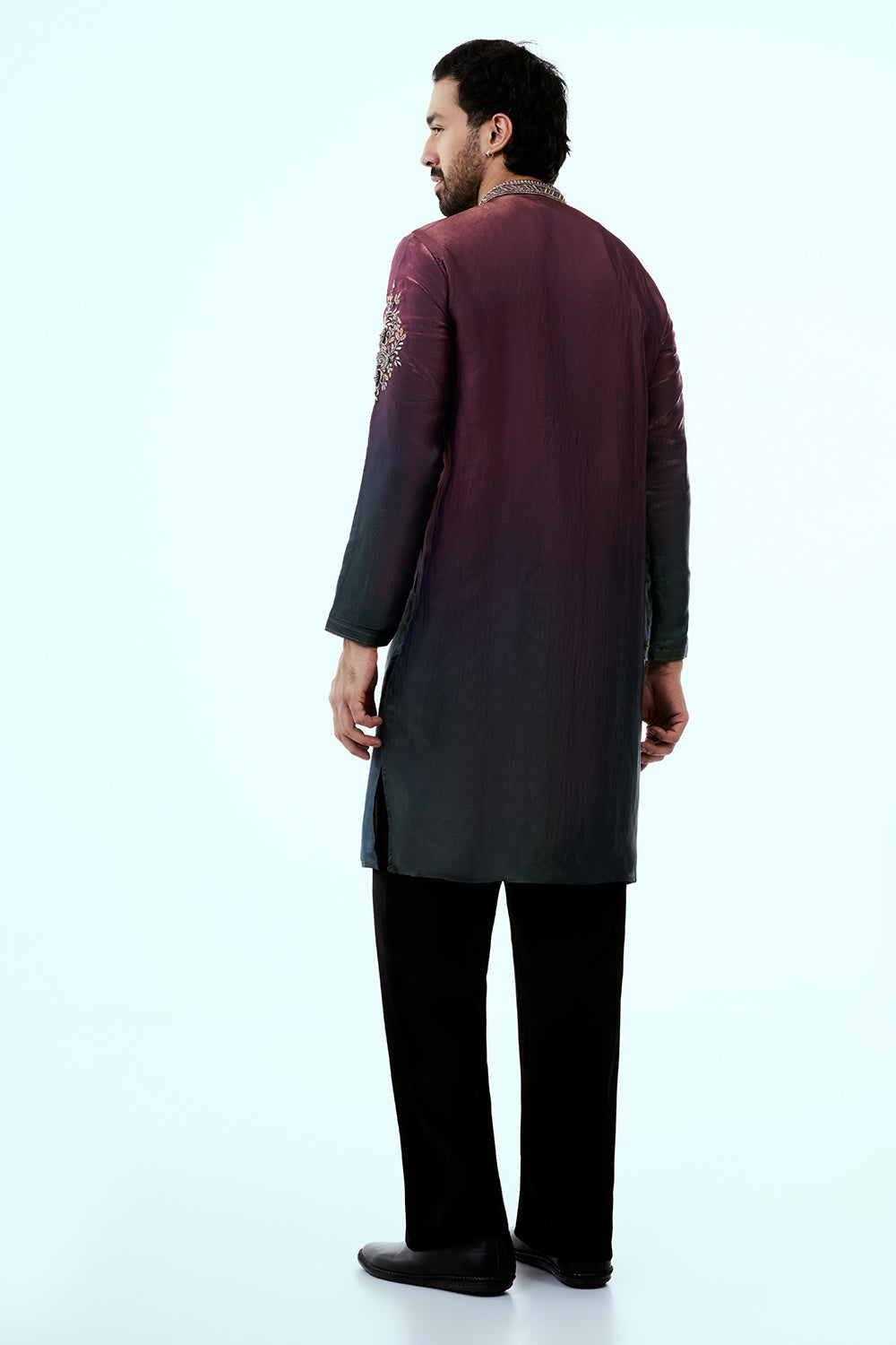 Wine Ombre Tissue Organza Mens Kurta Set with Metal and Resham Work