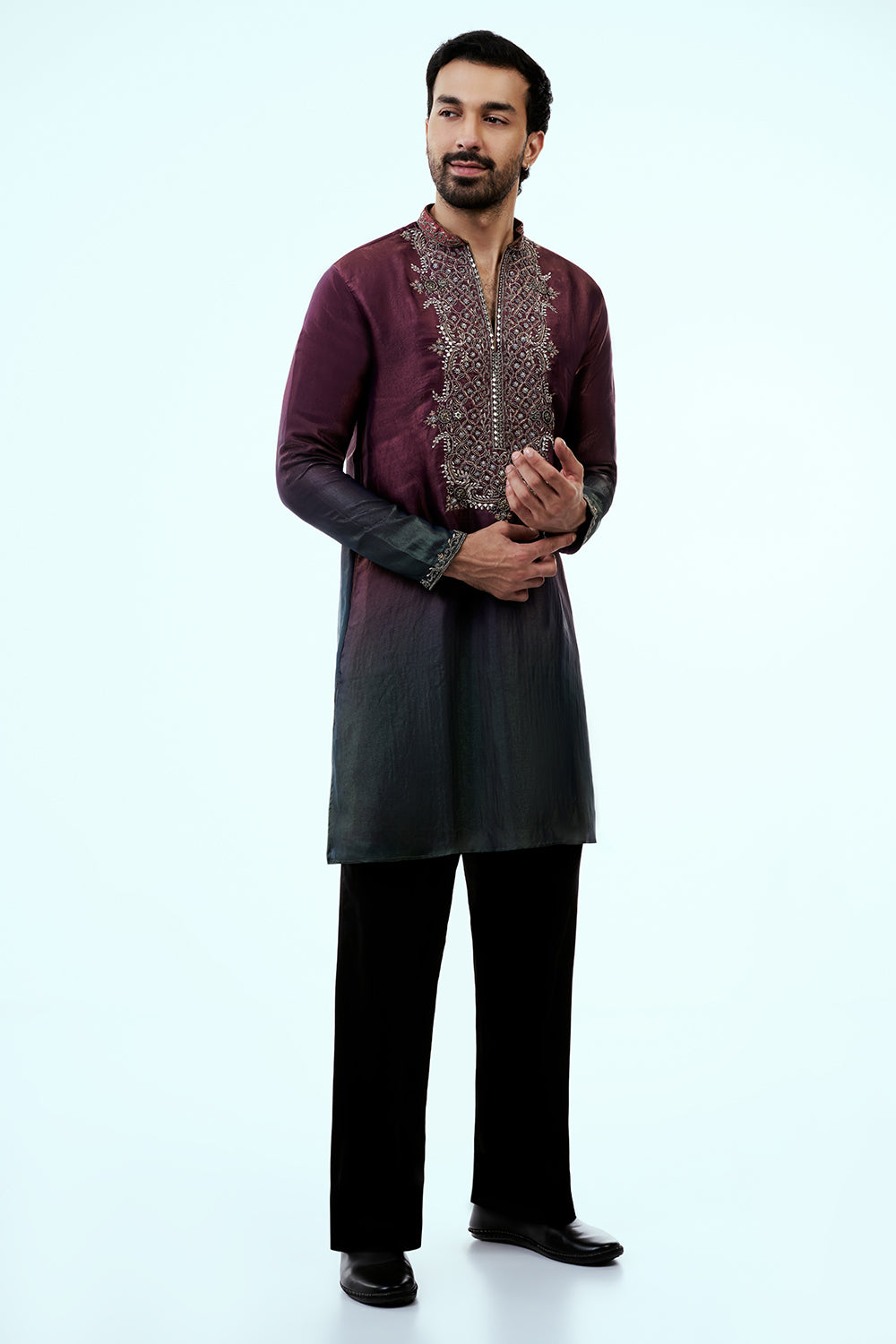 Wine Ombre Tissue Organza Mens Kurta Set with Metal and Zari Work