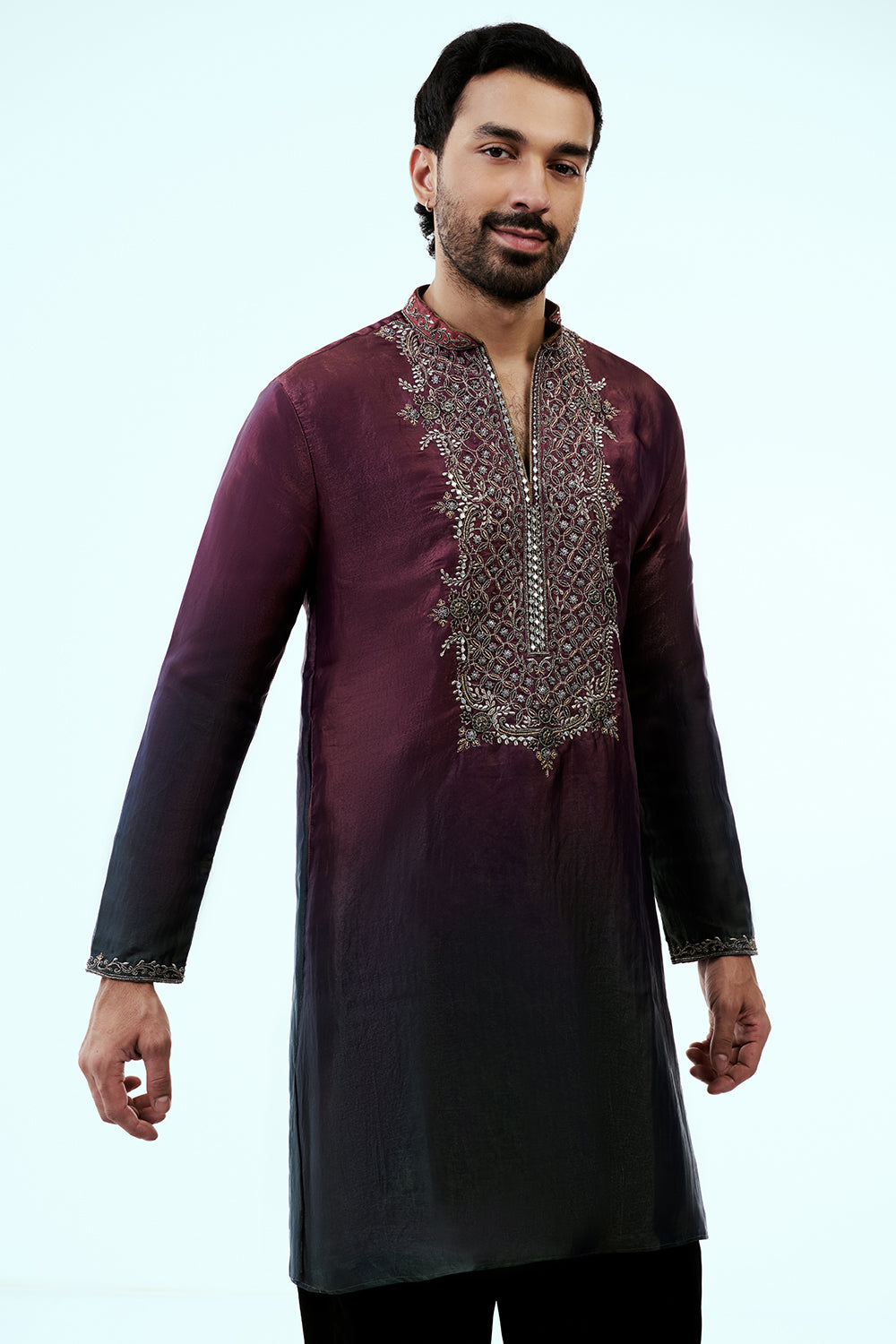 Wine Ombre Tissue Organza Mens Kurta Set with Metal and Zari Work