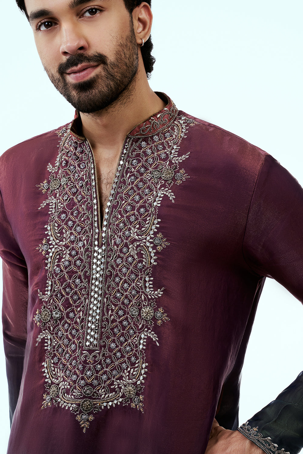 Wine Ombre Tissue Organza Mens Kurta Set with Metal and Zari Work