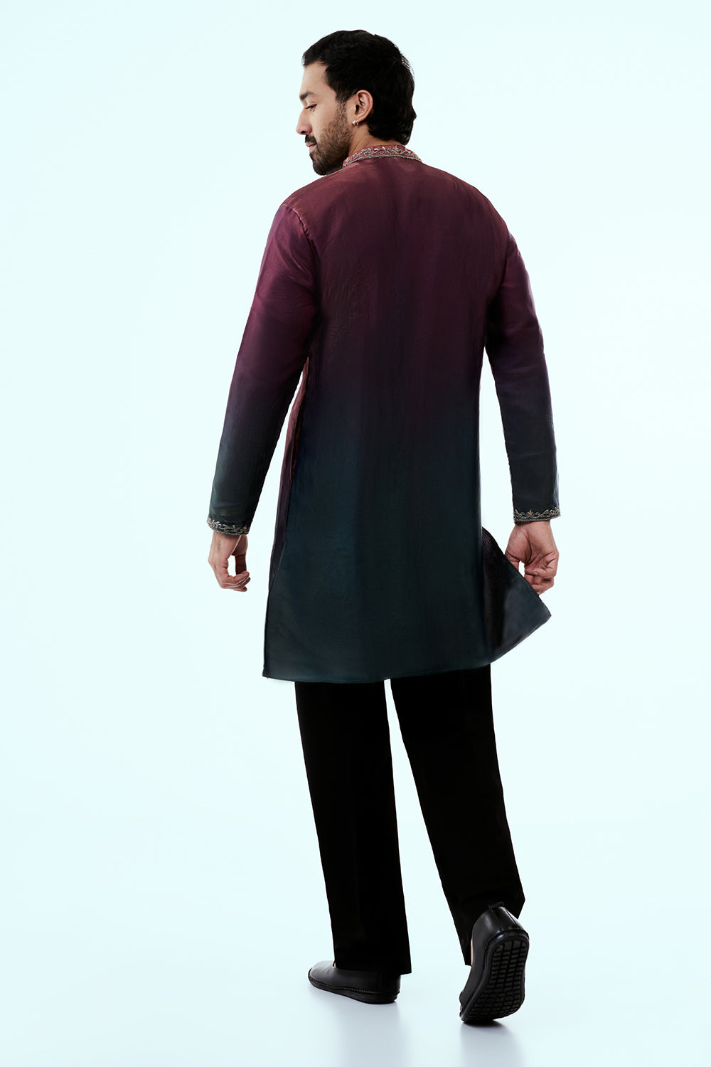 Wine Ombre Tissue Organza Mens Kurta Set with Metal and Zari Work