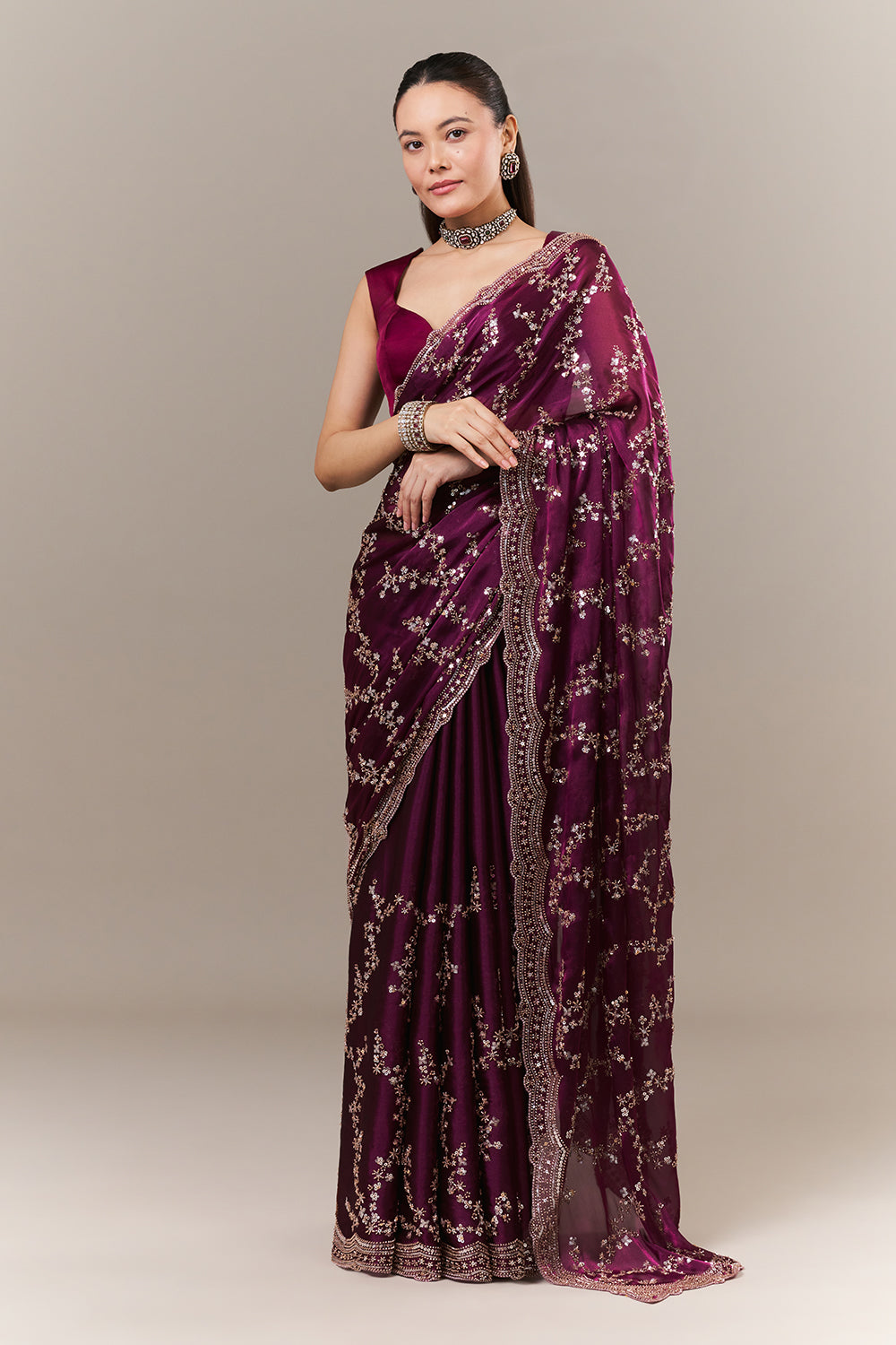 Wine Organza Embroidered Saree with Zari Work