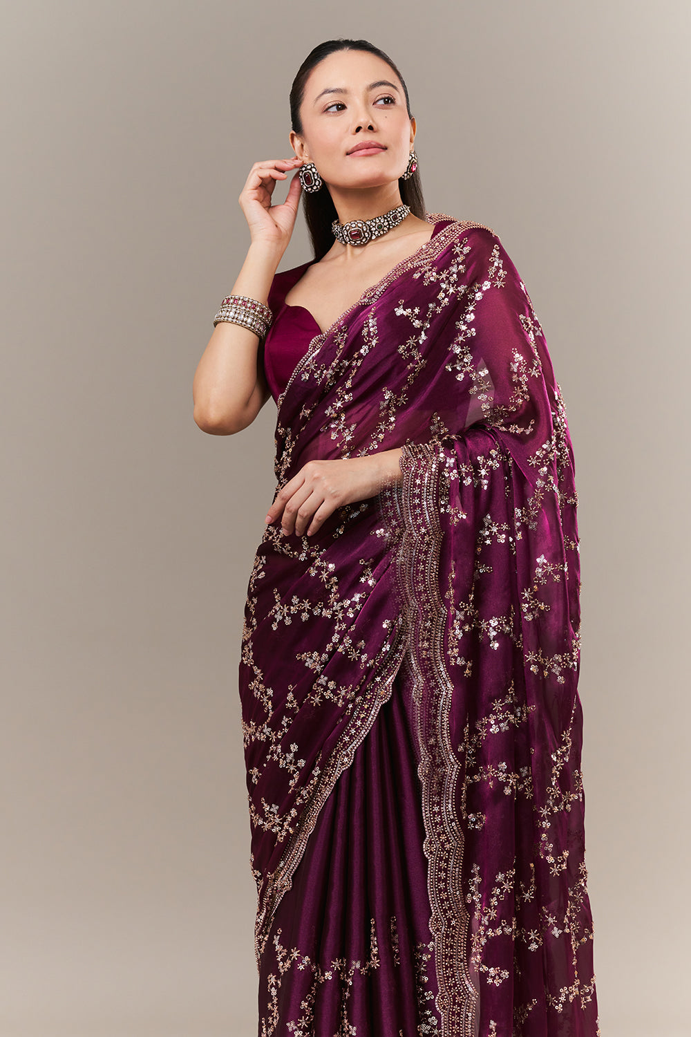 Wine Organza Embroidered Saree with Zari Work