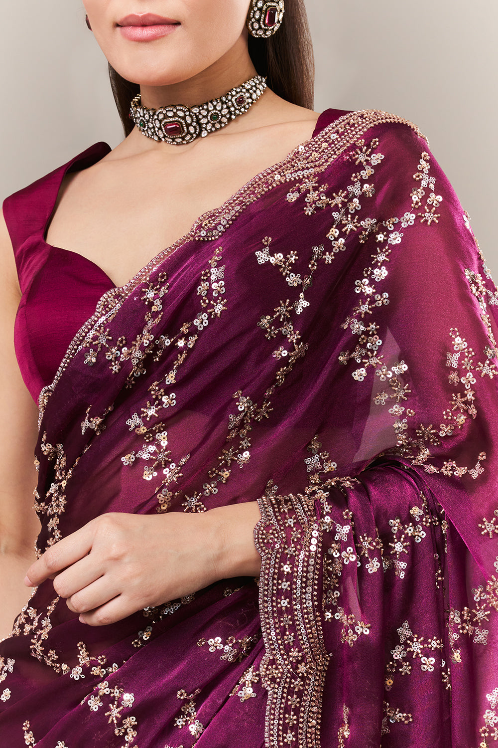 Wine Organza Embroidered Saree with Zari Work