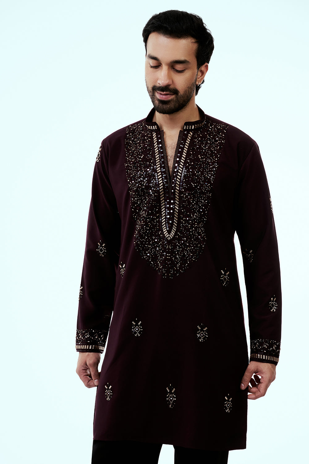 Wine Premium Crepe Mens Kurta Set with Handwork