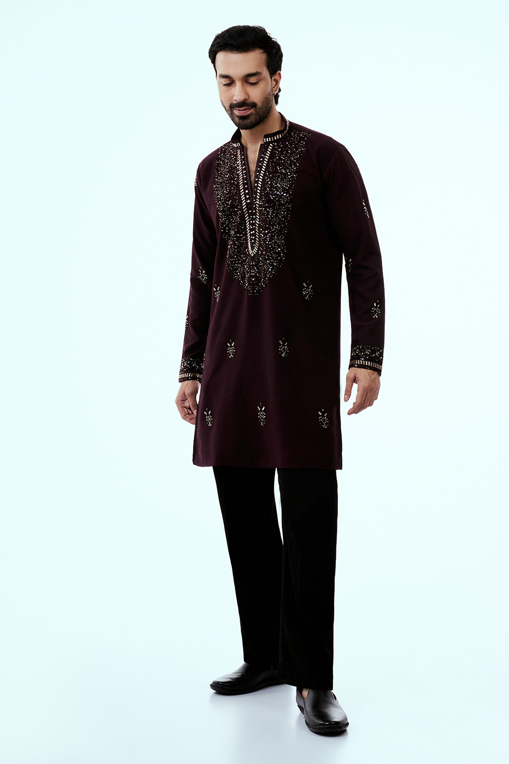 Wine Premium Crepe Mens Kurta Set with Handwork