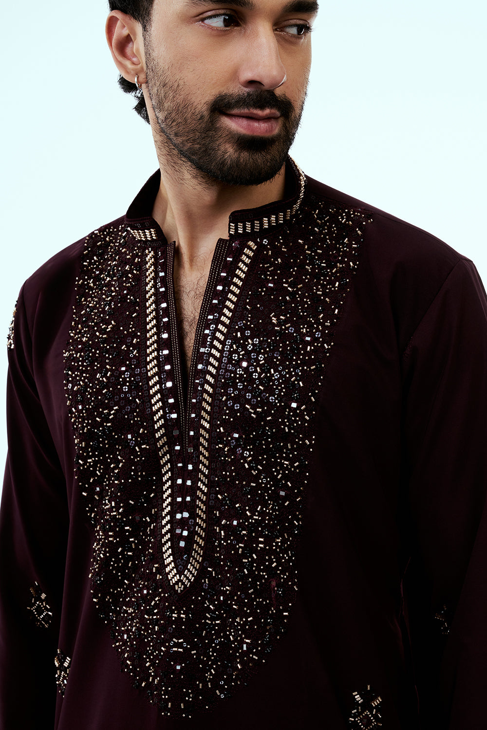 Wine Premium Crepe Mens Kurta Set with Handwork
