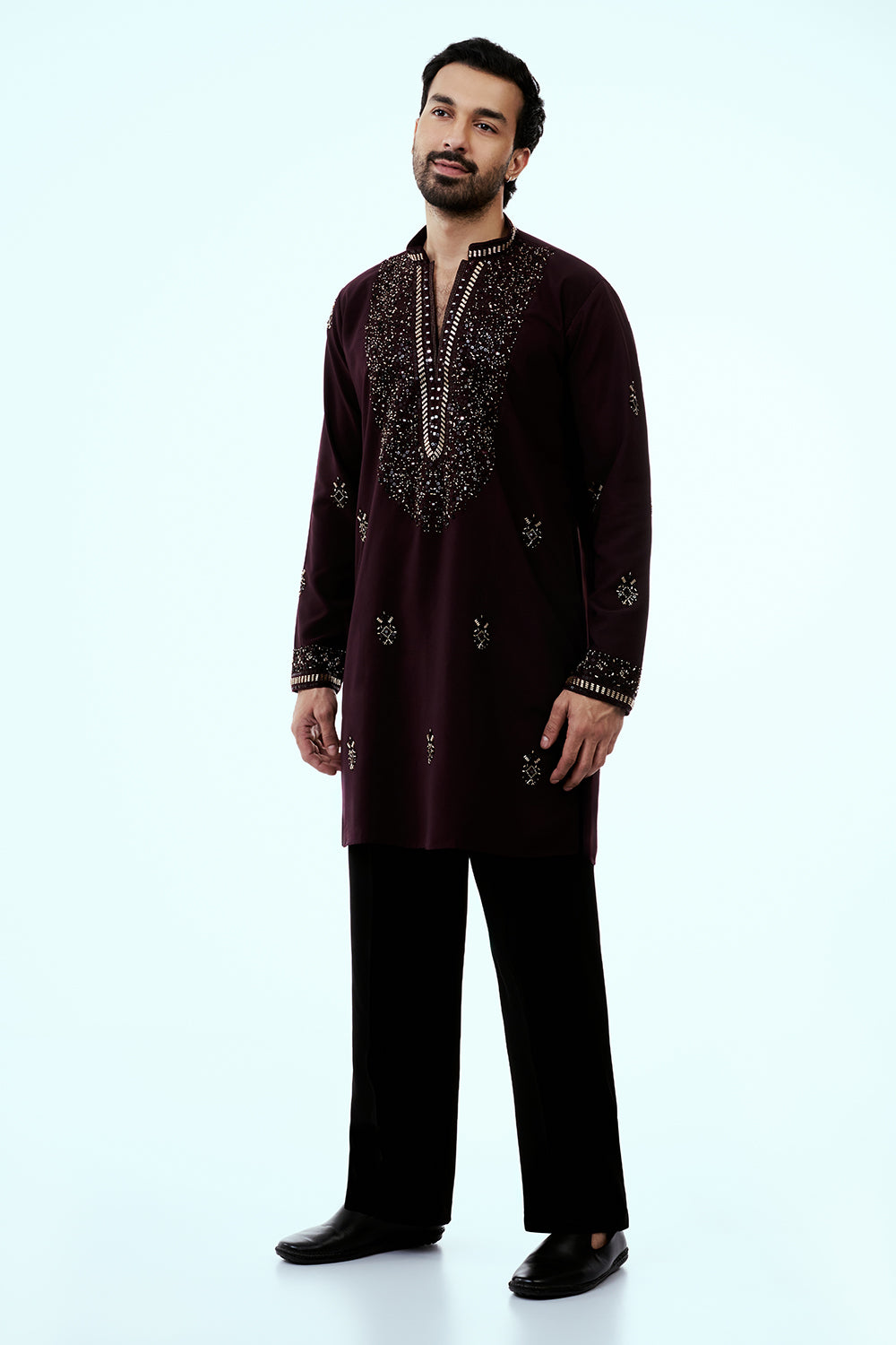Wine Premium Crepe Mens Kurta Set with Handwork