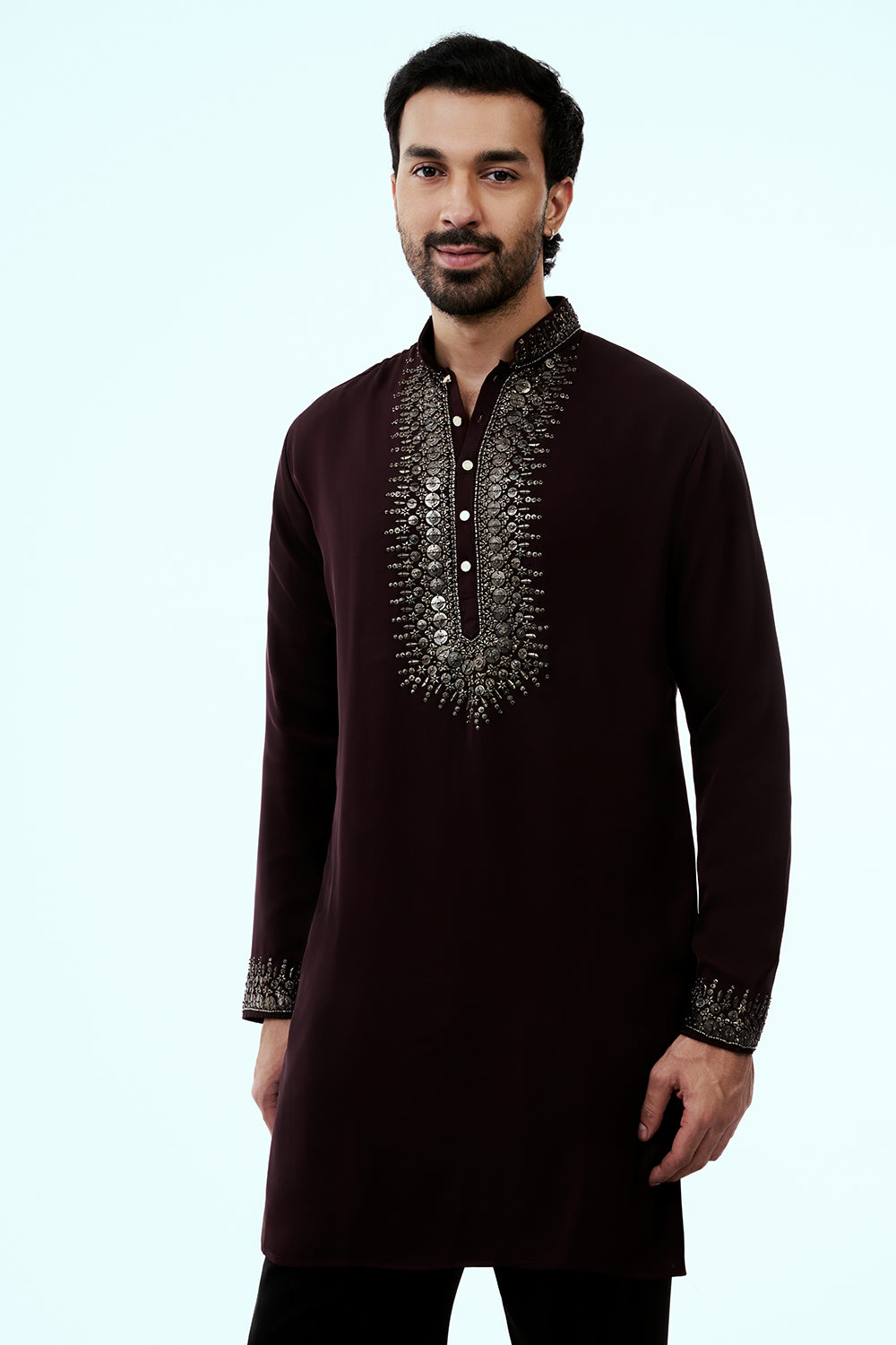 Wine Premium Crepe Mens Kurta Set with Sequins Work