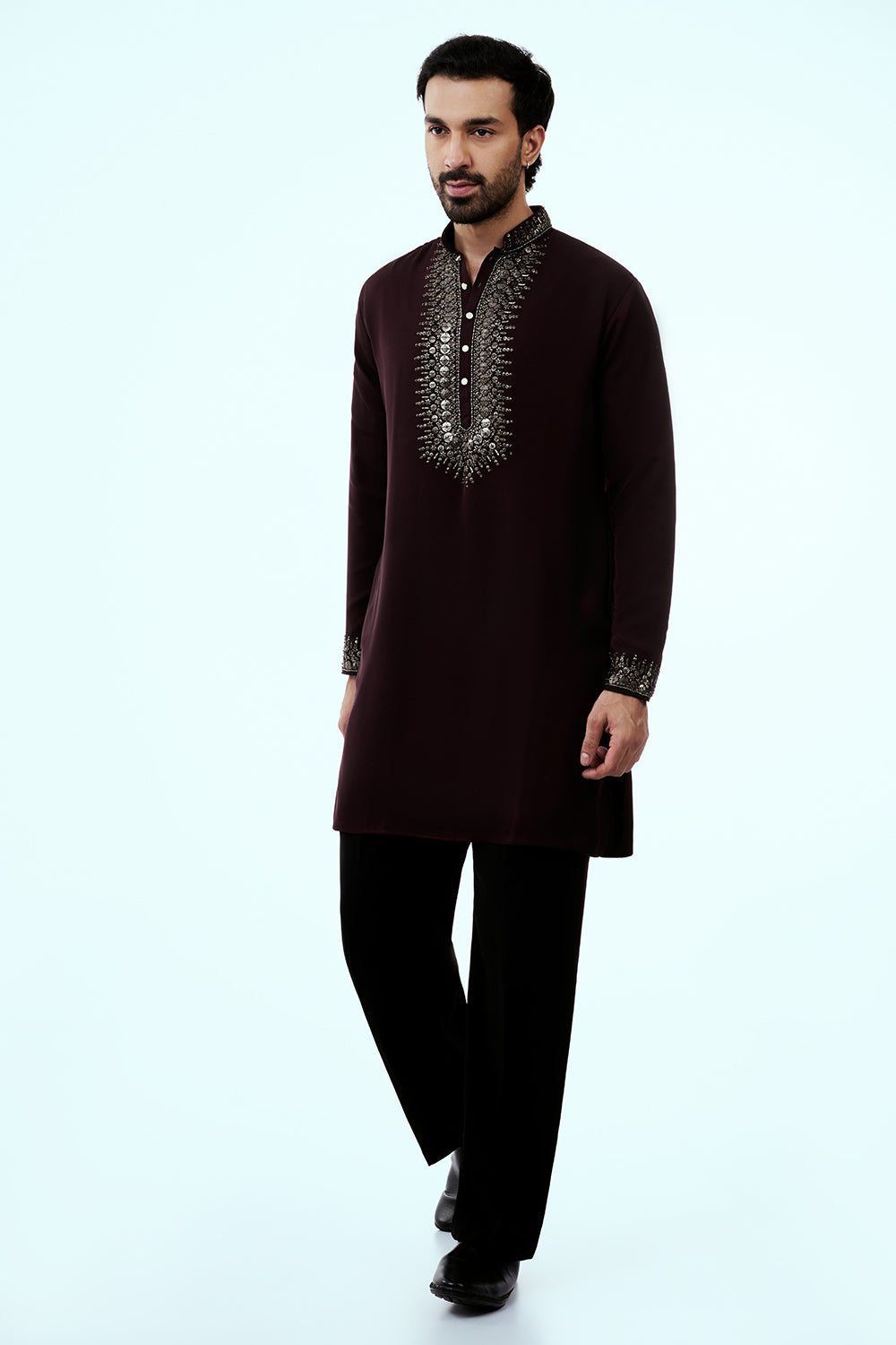 Wine Premium Crepe Mens Kurta Set with Sequins Work