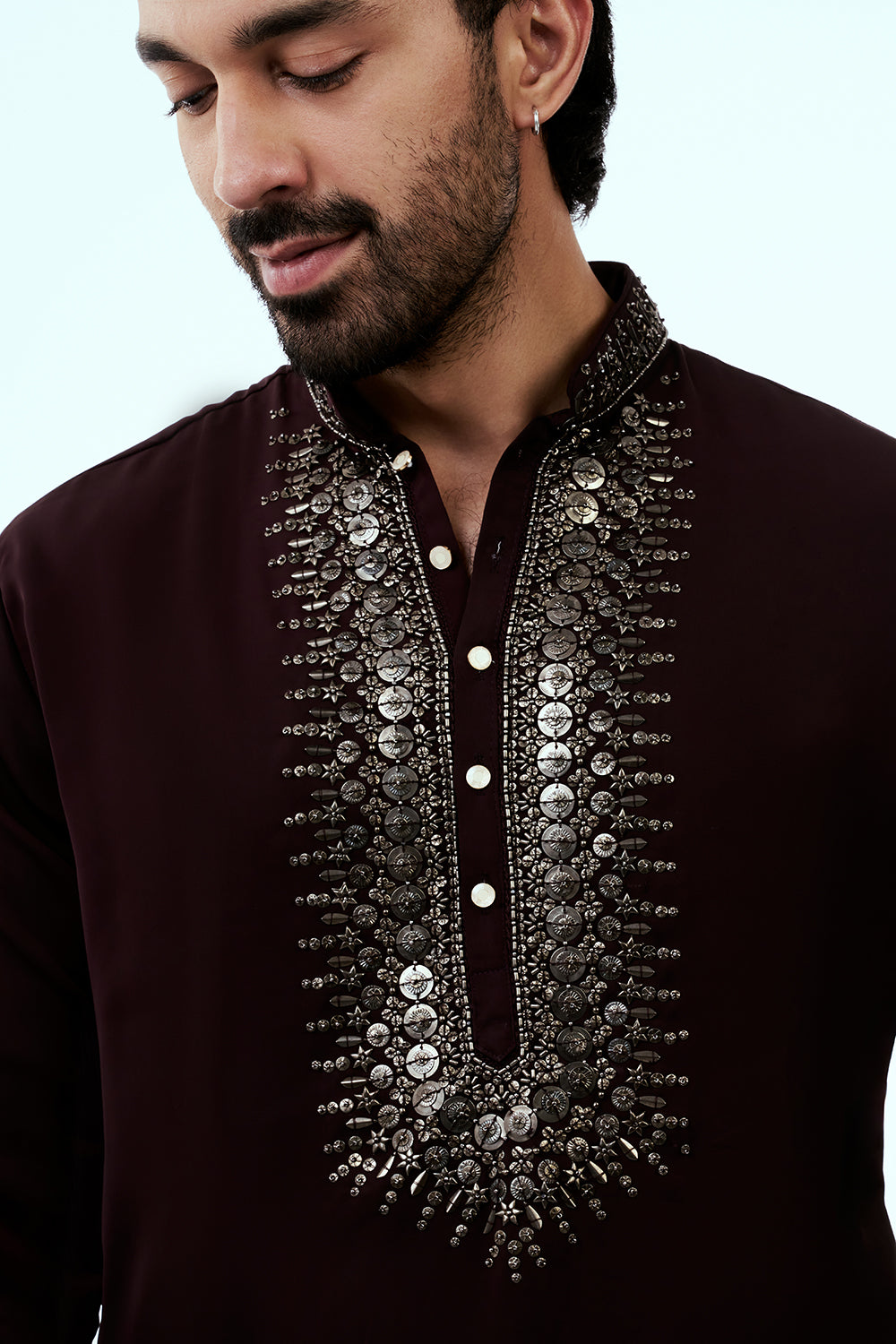 Wine Premium Crepe Mens Kurta Set with Sequins Work