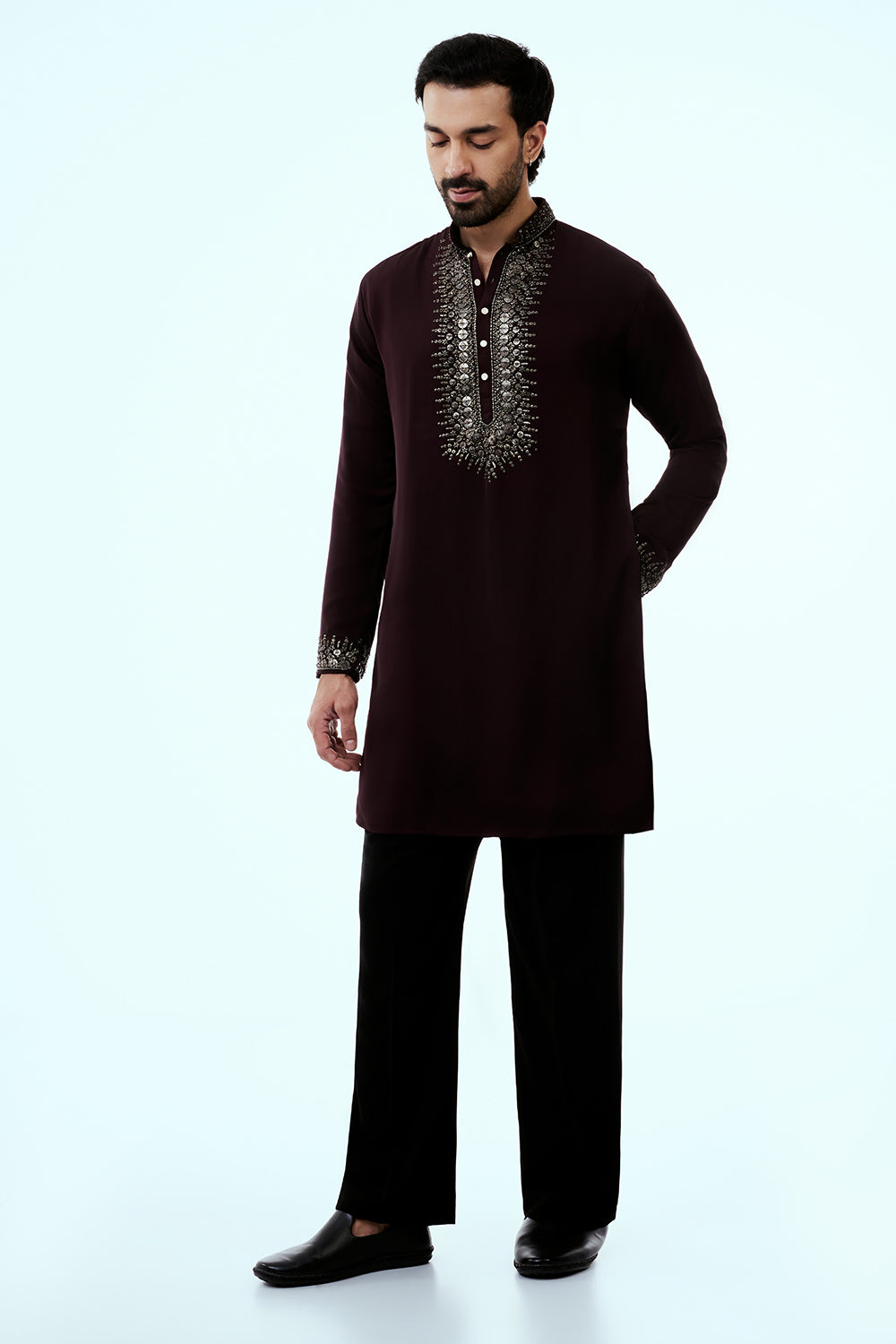 Wine Premium Crepe Mens Kurta Set with Sequins Work