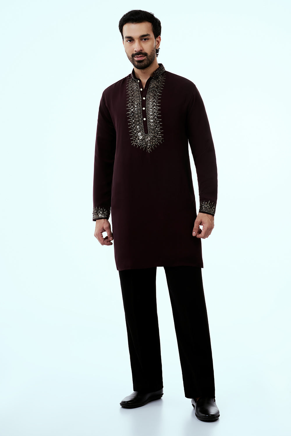 Wine Premium Crepe Mens Kurta Set with Sequins Work