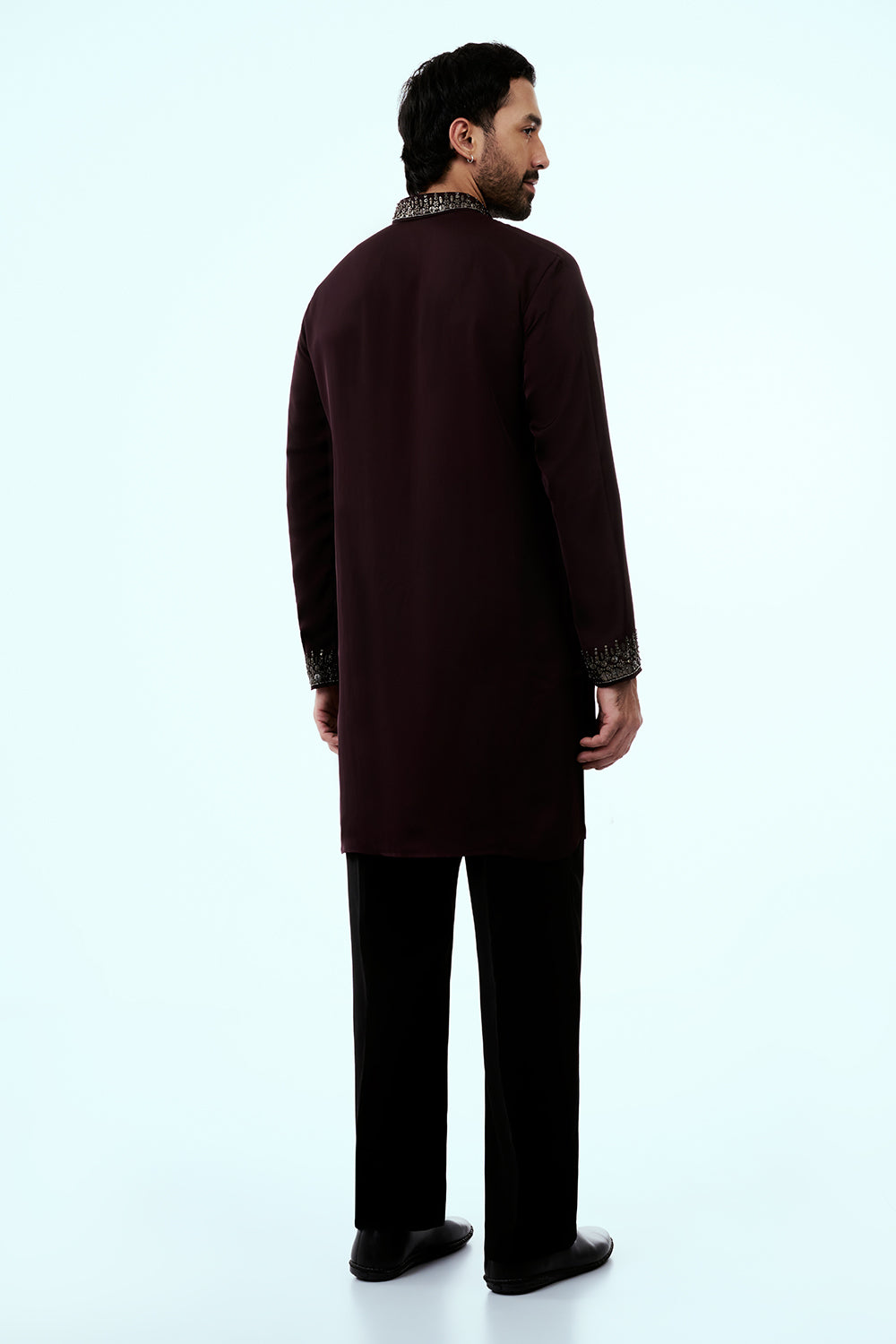 Wine Premium Crepe Mens Kurta Set with Sequins Work