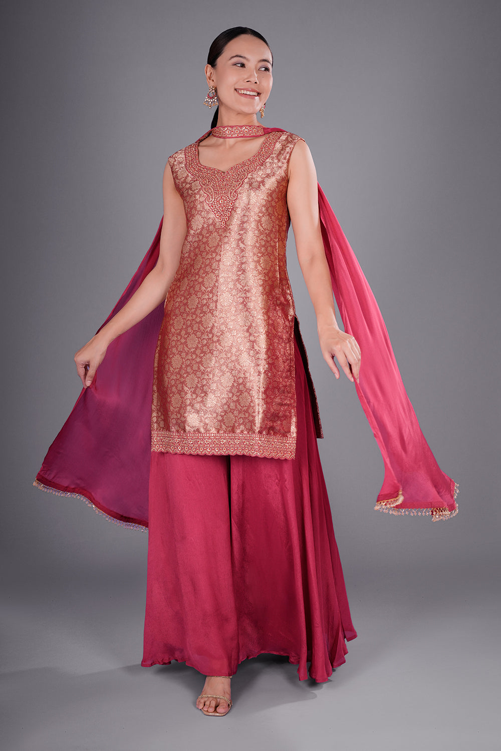 Wine Red Banarasi Brocade Kurta Set with Zari Embroidery