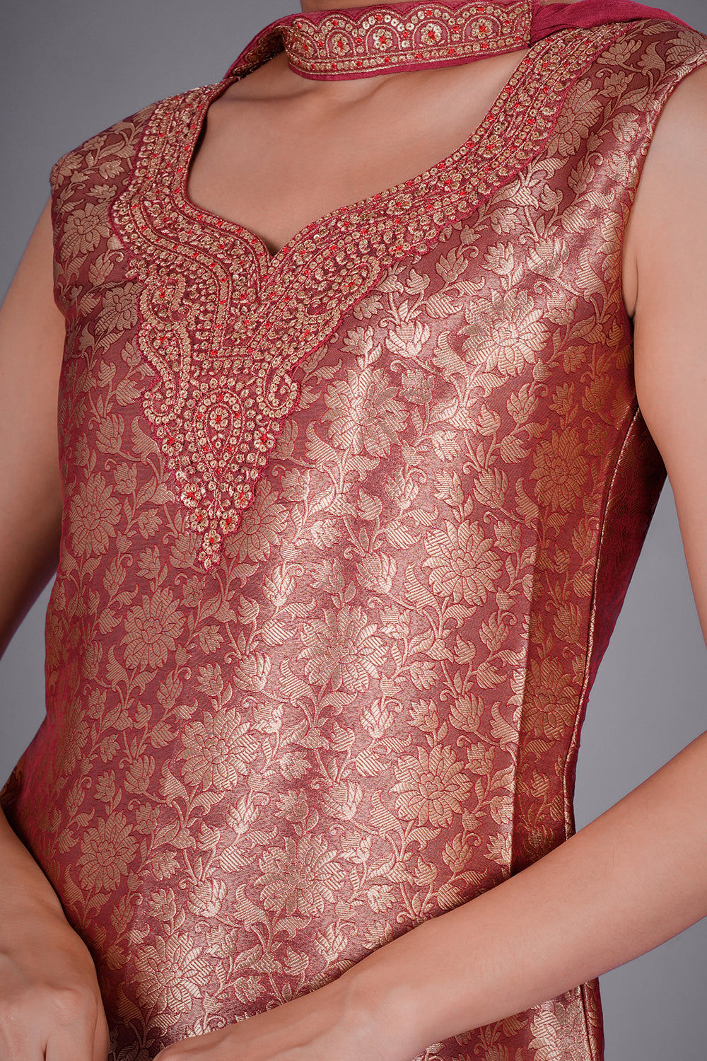 Wine Red Banarasi Brocade Kurta Set with Zari Embroidery