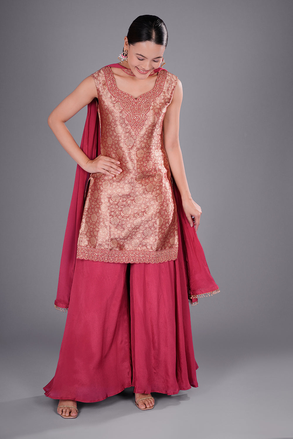 Wine Red Banarasi Brocade Kurta Set with Zari Embroidery