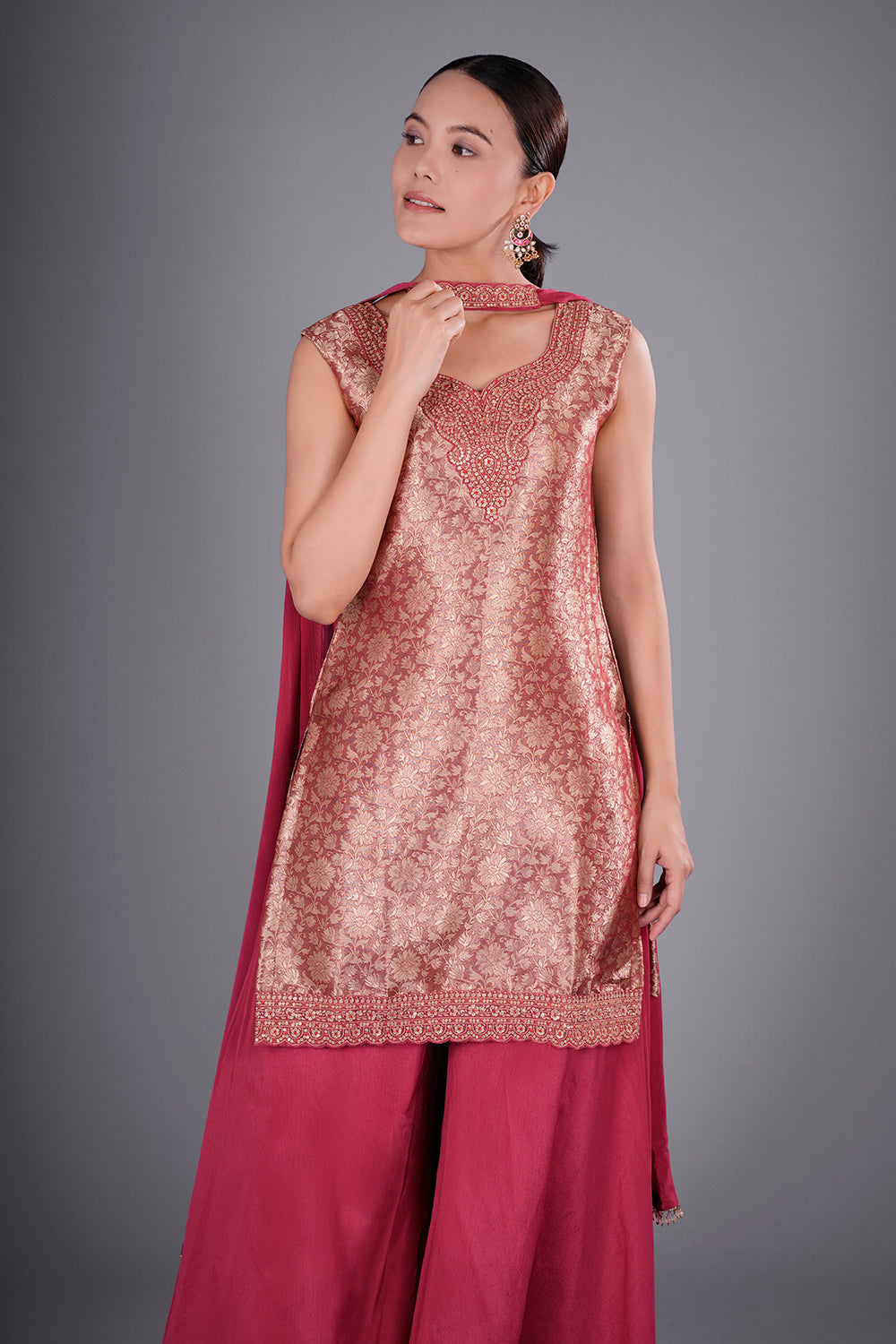 Wine Red Banarasi Brocade Kurta Set with Zari Embroidery