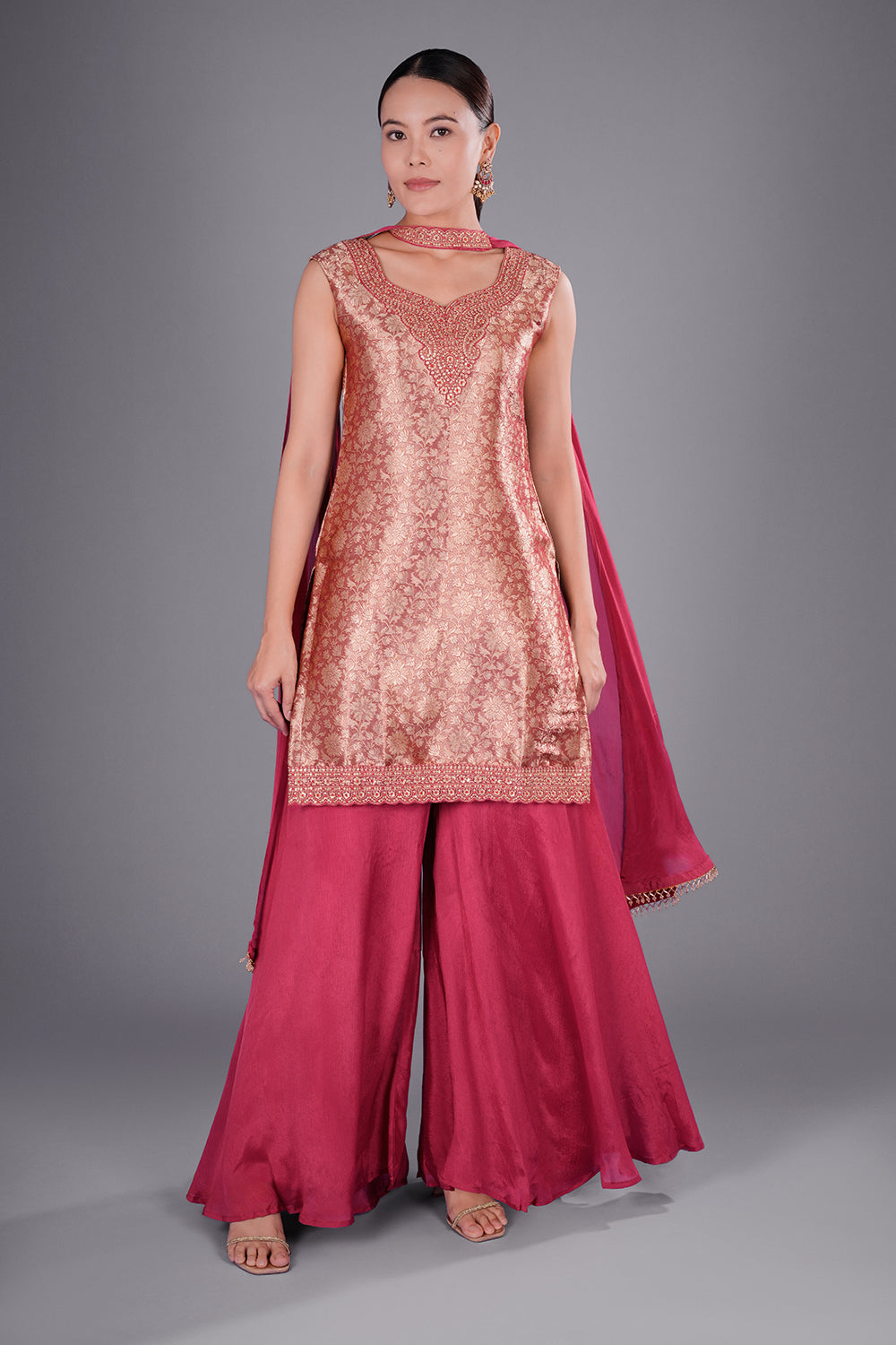 Wine Red Banarasi Brocade Kurta Set with Zari Embroidery