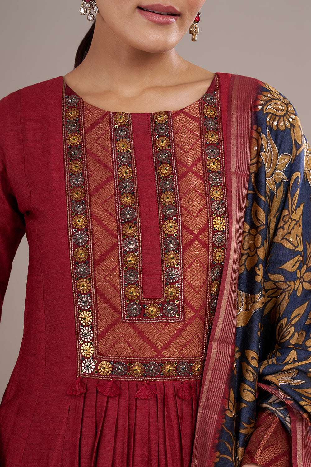 Wine Red Silk Blend Anarkali Suit Set with Resham Work
