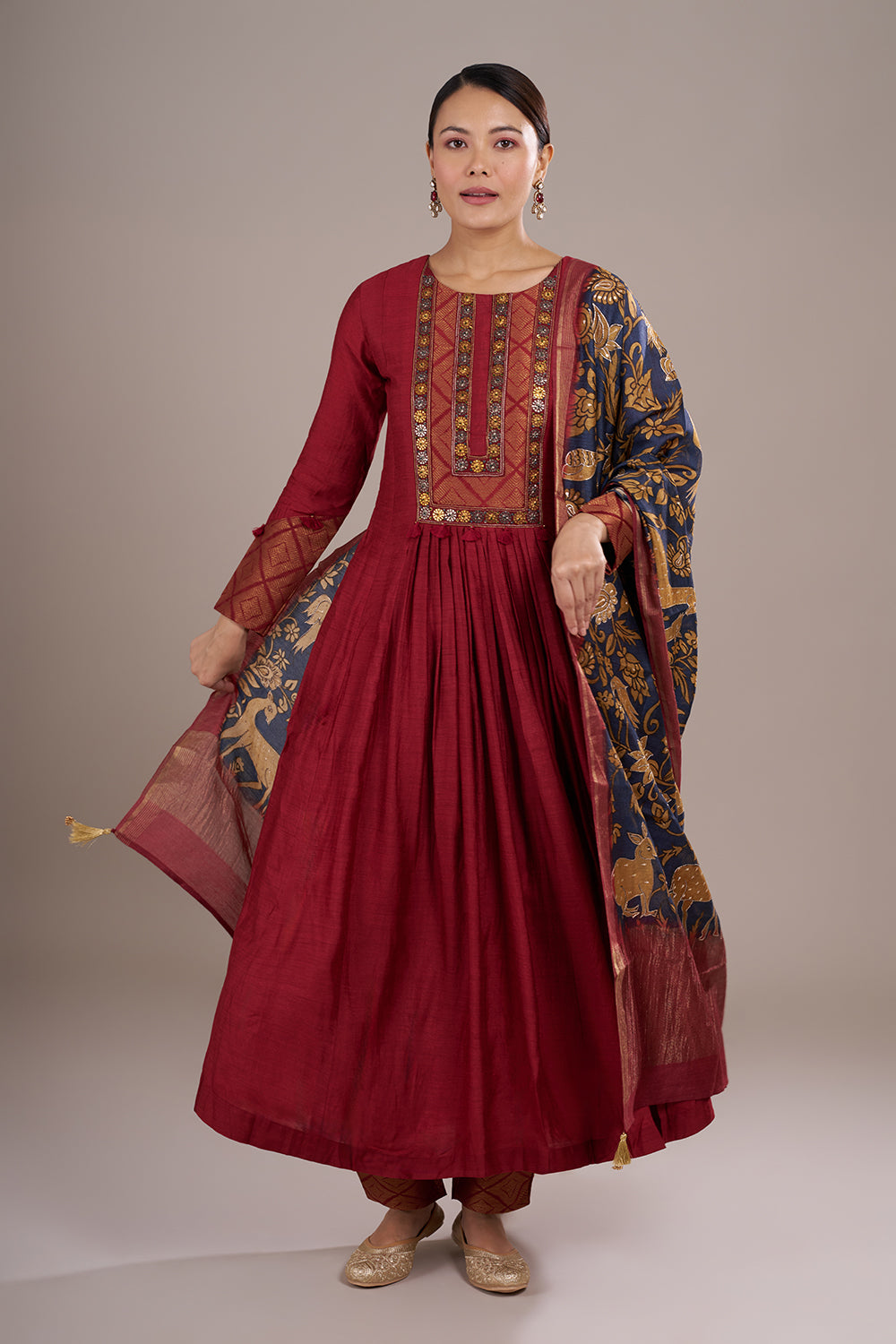 Wine Red Silk Blend Anarkali Suit Set with Resham Work