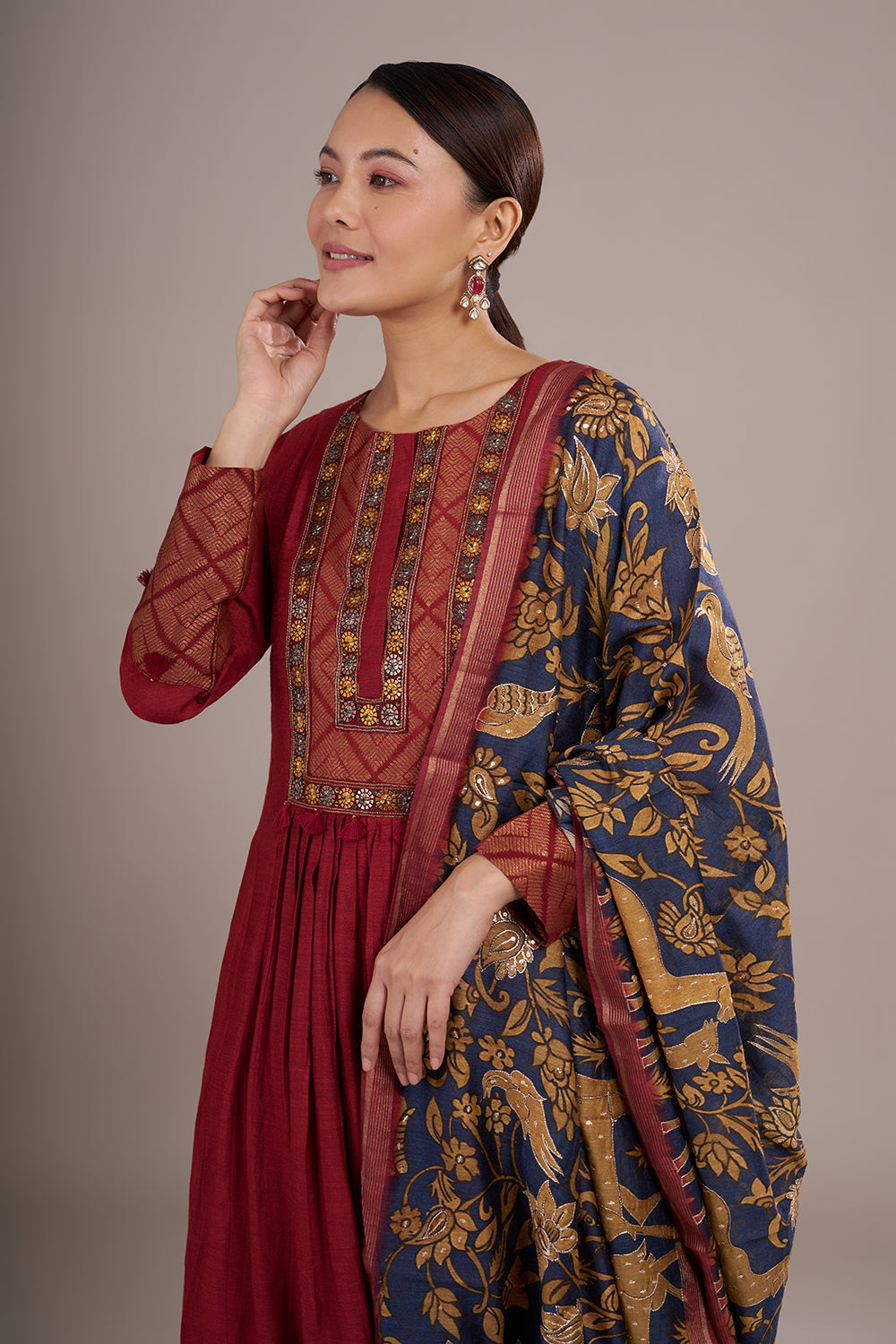 Wine Red Silk Blend Anarkali Suit Set with Resham Work