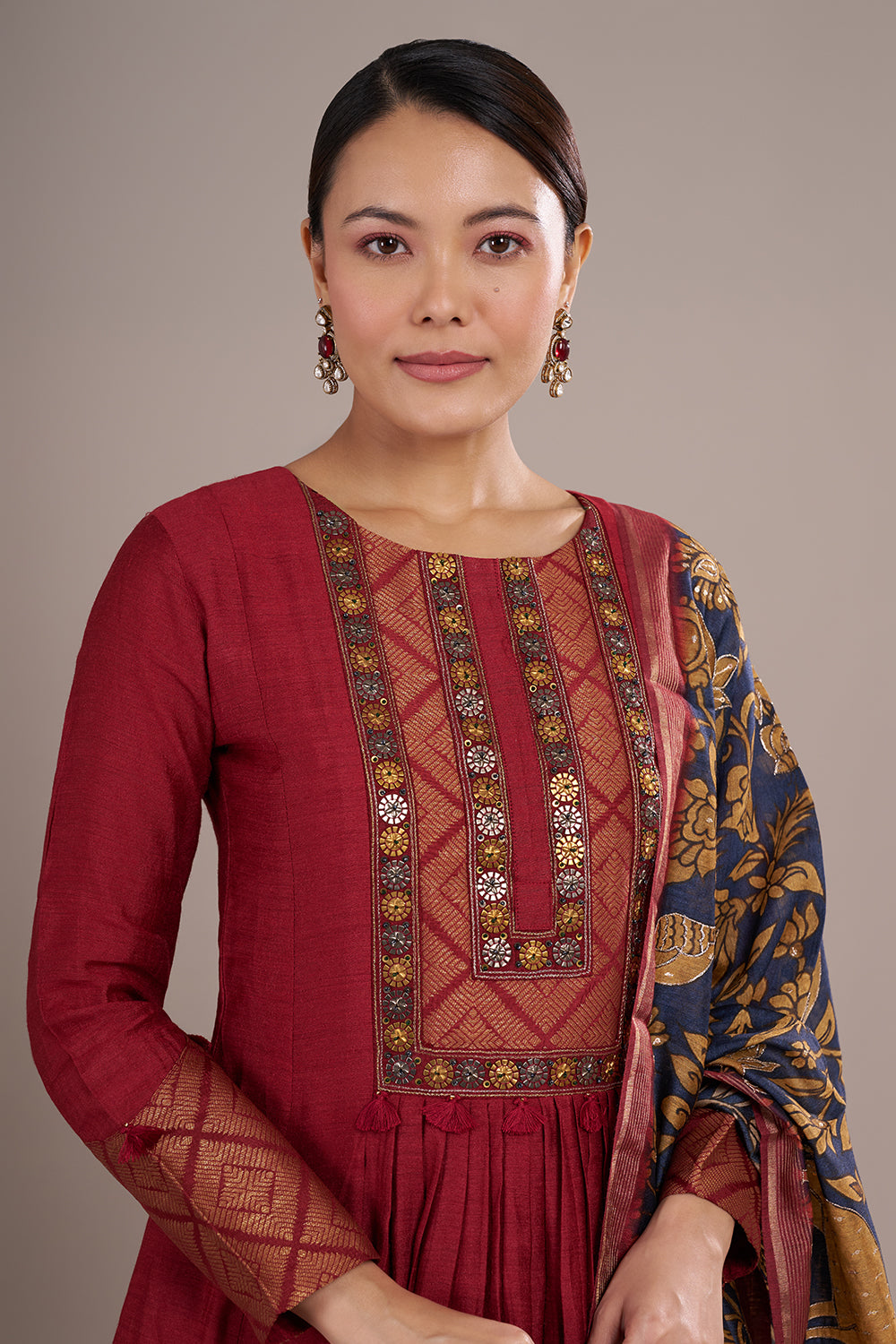 Wine Red Silk Blend Anarkali Suit Set with Resham Work