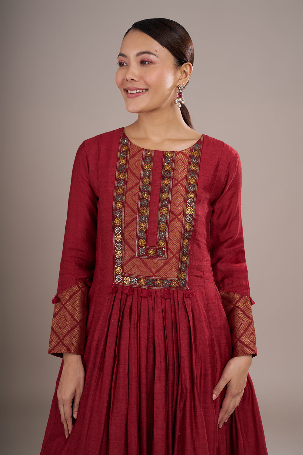Wine Red Silk Blend Anarkali Suit Set with Resham Work