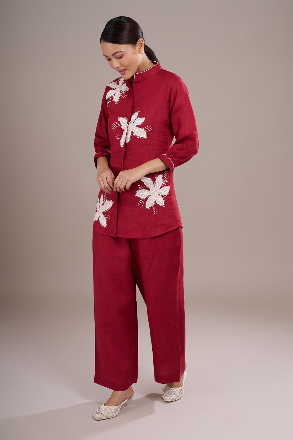 Wine Red Silk Co-ord Set with Applique Work