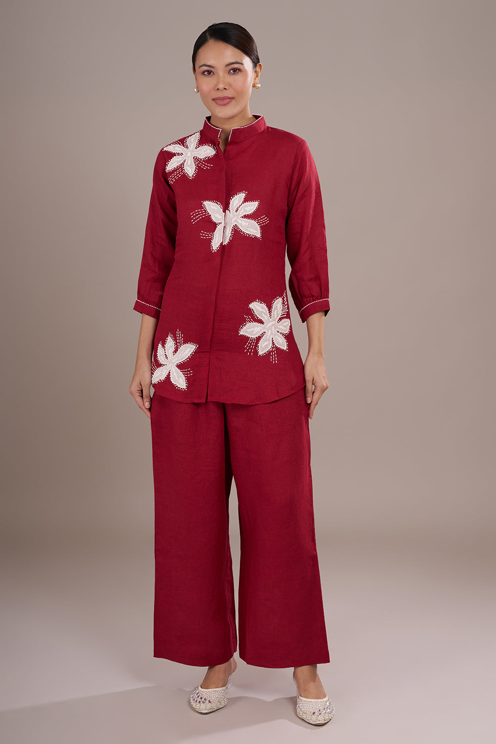 Wine Red Silk Co-ord Set with Applique Work