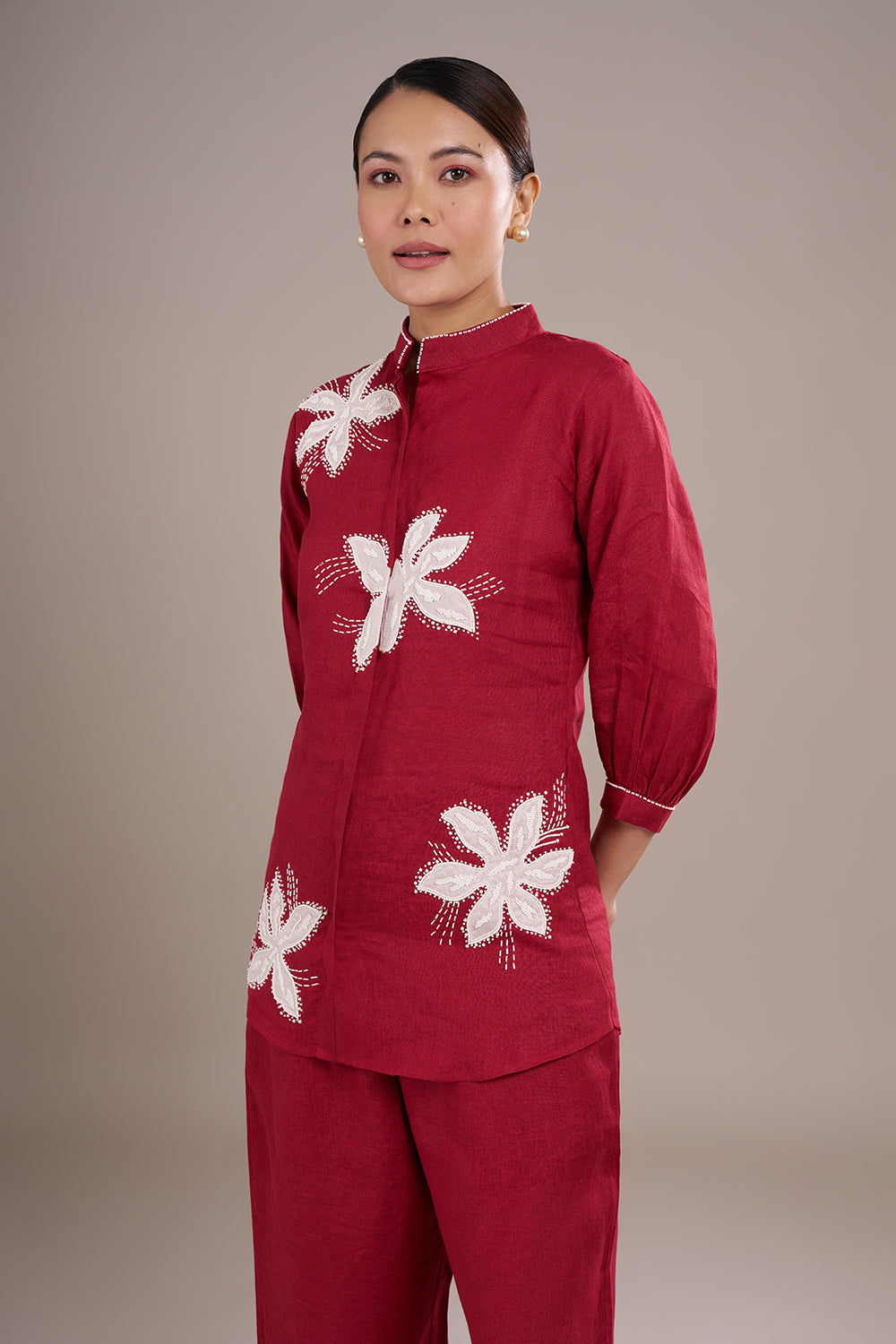 Wine Red Silk Co-ord Set with Applique Work