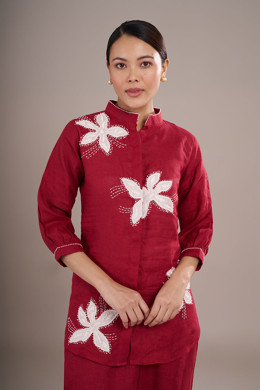 Wine Red Silk Co-ord Set with Applique Work