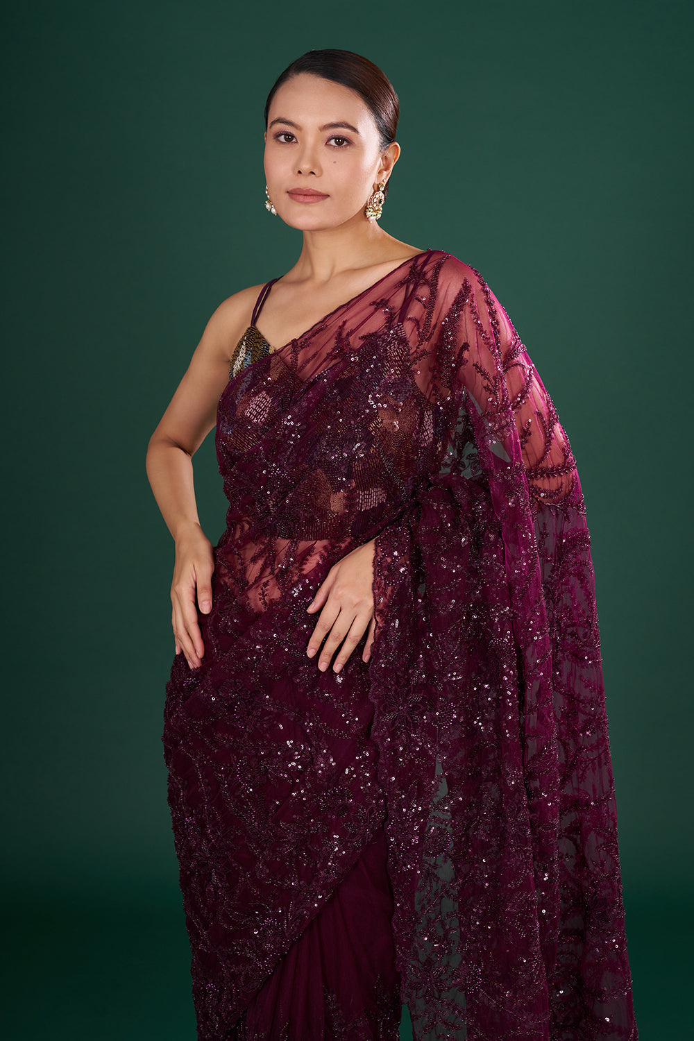 Wine Saree in Net with Sequin & Thread Embroidery