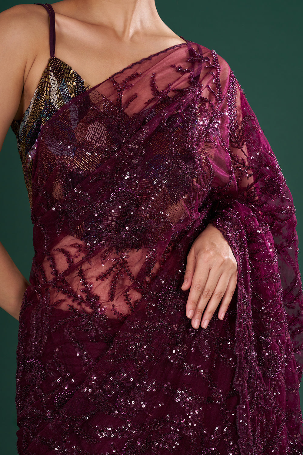Wine Saree in Net with Sequin & Thread Embroidery