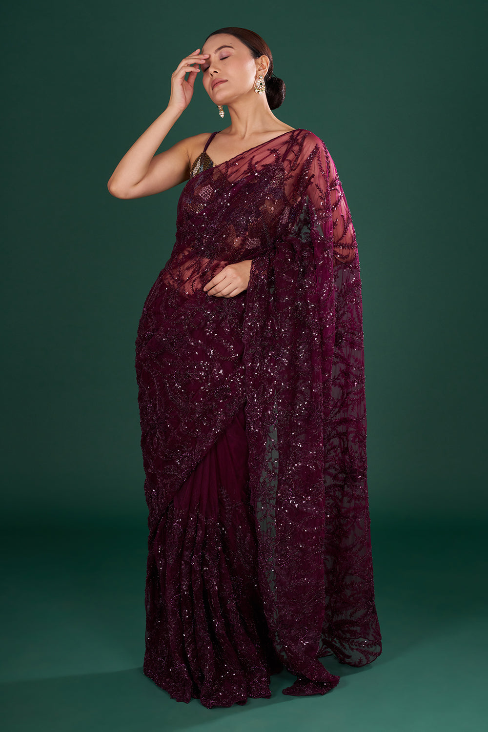 Wine Saree in Net with Sequin & Thread Embroidery