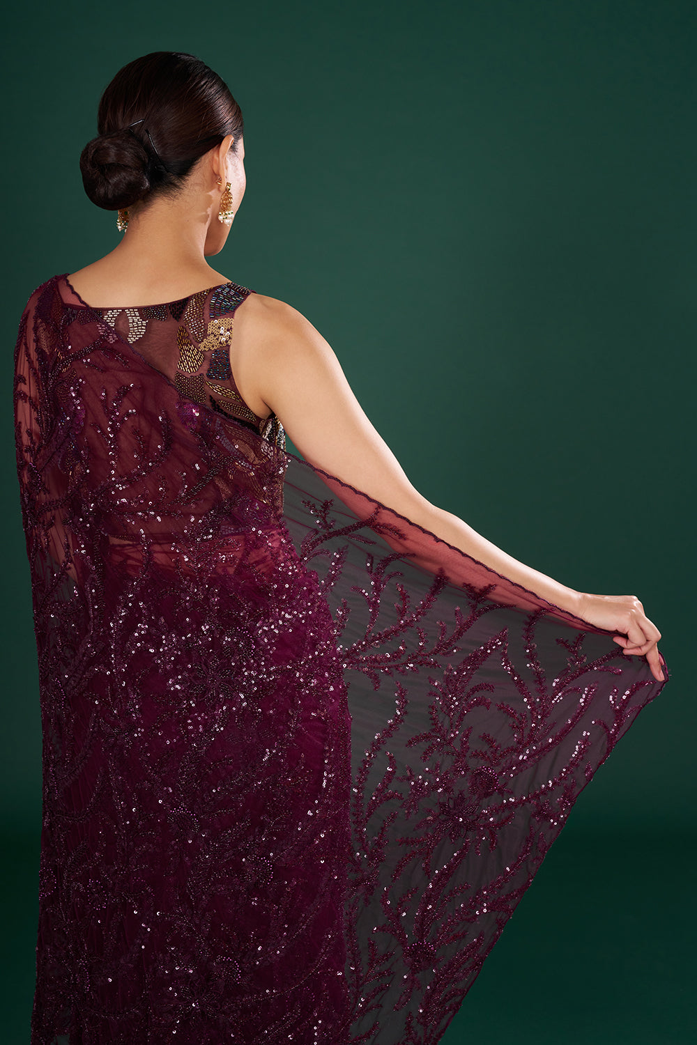 Wine Saree in Net with Sequin & Thread Embroidery