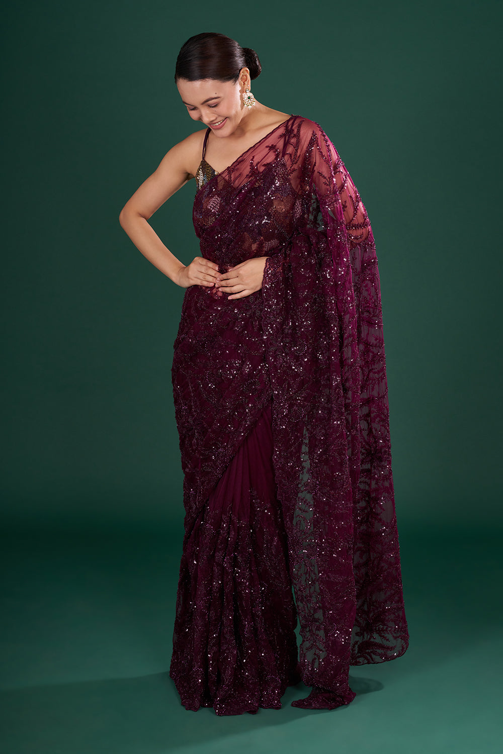 Wine Saree in Net with Sequin & Thread Embroidery