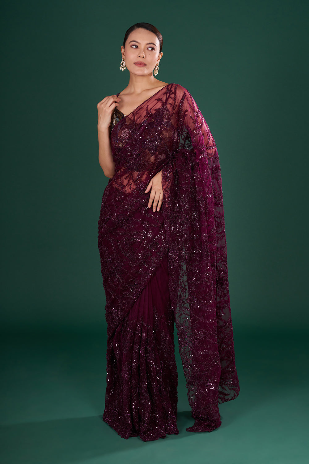 Wine Saree in Net with Sequin & Thread Embroidery