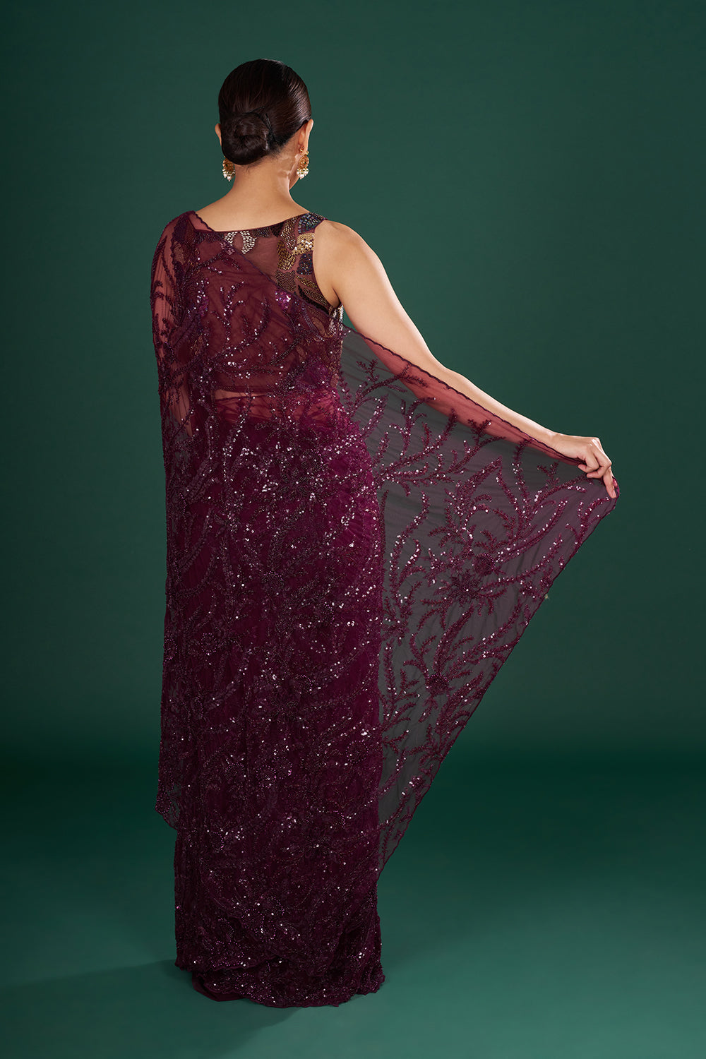 Wine Saree in Net with Sequin & Thread Embroidery