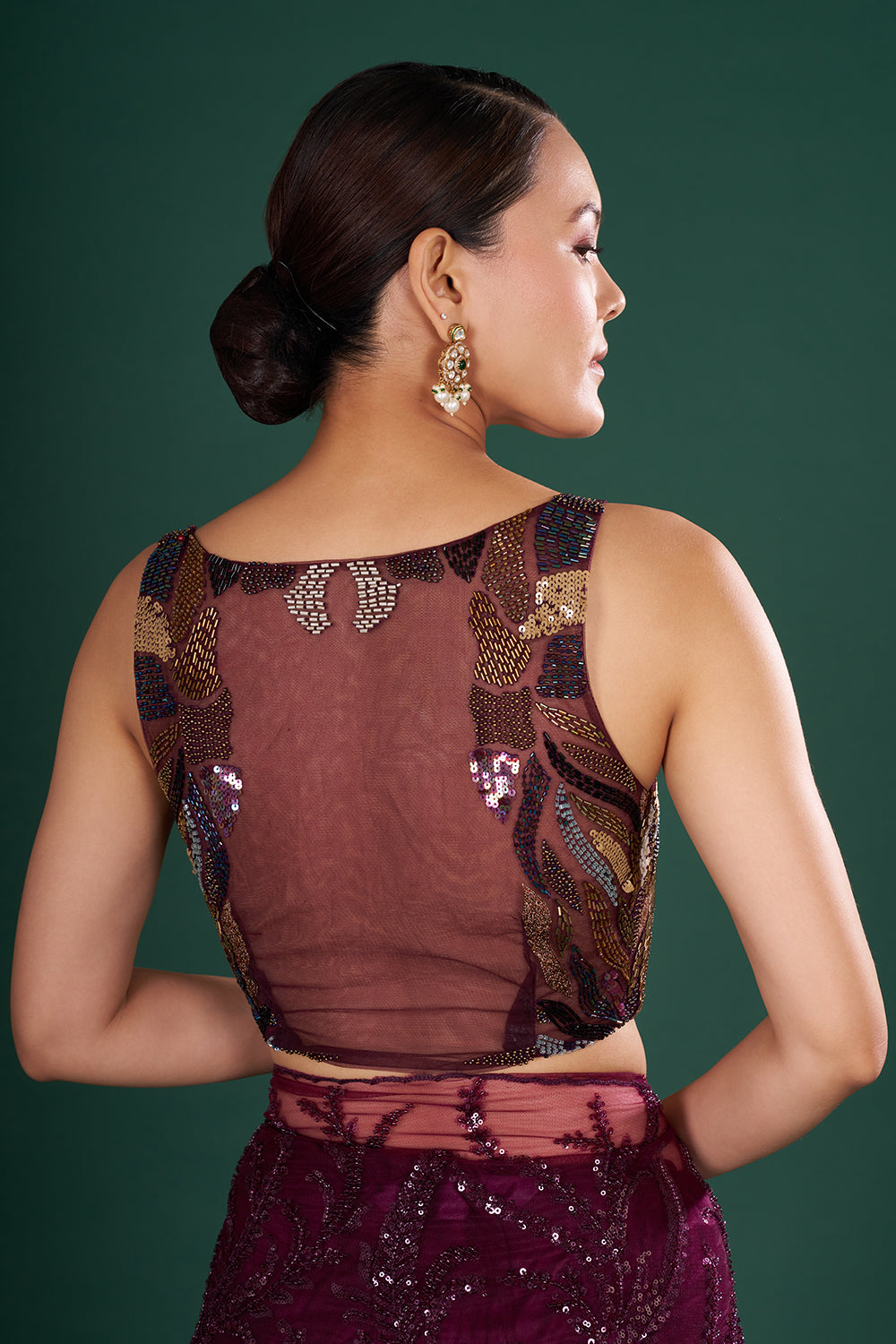 Wine Saree in Net with Sequin & Thread Embroidery