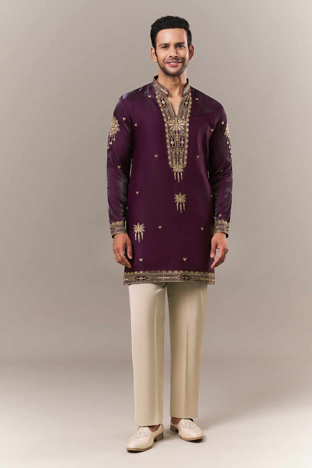 Wine Satin Mens Kurta Set with Dori Work